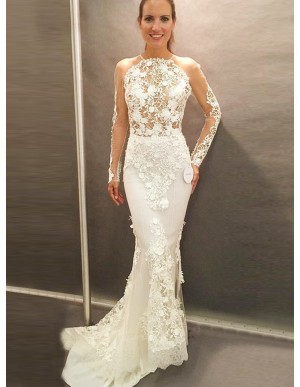 Mermaid Round Long Sleeves Open Back Wedding Dress with Appliques