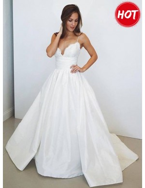 A-Line Spaghetti Straps Long Satin Wedding Dress with Lace