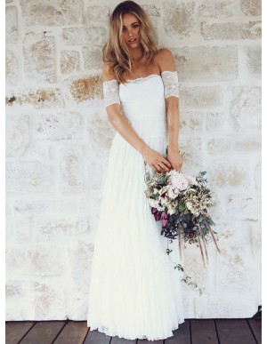 A-Line Off-the-Shoulder Short Sleeves Lace Boho Wedding Dress