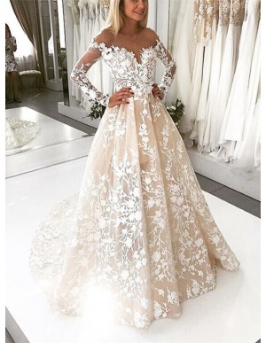 A-Line Illusion Bateau Long Sleeves Backless Ivory Lace Wedding Dress