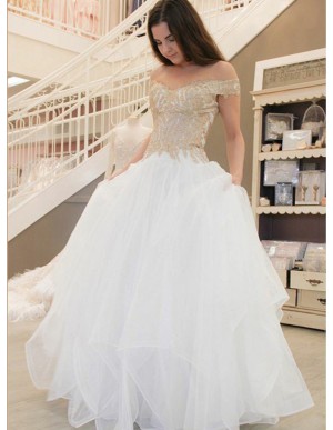 A-Line Off-the-Shoulder Tiered Tulle Wedding Dress with Appliques