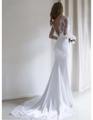 Mermaid Long Sleeves White Backless Wedding Dress with Lace