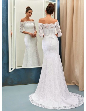 Mermaid Off Shoulder Half Sleeves Lace-Up Lace Wedding Dress