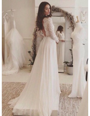 A-line V-neck Long Sleeves Simple Wedding Dress with Lace Top