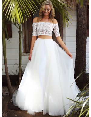 Two Piece Off-the-Shoulder Half Sleeves Beach Wedding Dress with Lace