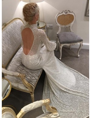 Mermaid High Neck Long Sleeves Court Train Open Back Sequined Wedding Dress 