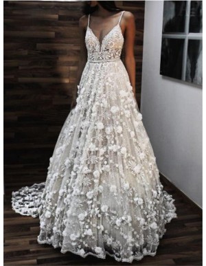 A-Line Spaghetti Straps Backless Sweep Train White Wedding Dress with Lace Appliques