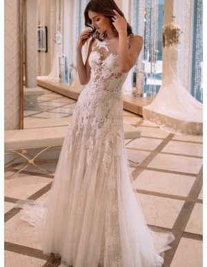 A-Line Jewel Illusion Back Wedding Dress with Lace Appliques