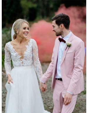 Deep V-Neck Appliques Lace Backless Wedding Dress with Long Sleeves