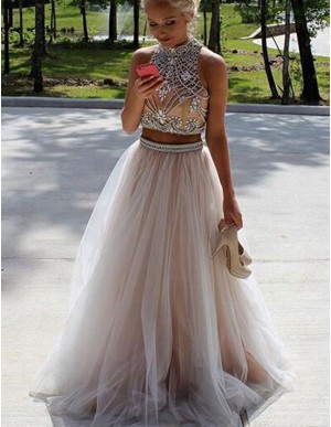 A-Line High Neck Open Back Champagne Two Piece Prom Dress with Beading Rhinestones