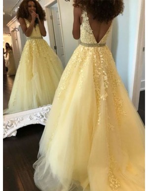 A-Line V-Neck Diffodil Prom Dress with Beading Appliques