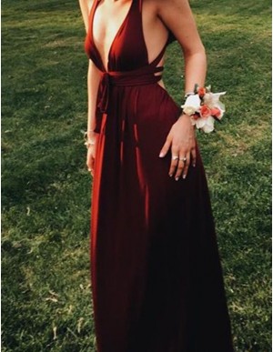 A-Line Deep V-Neck Backless Sexy Burgundy Prom Dress with Sashes
