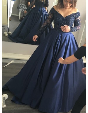 Ball Gown Off-the-Shoulder Long Sleeves Beaded Navy Blue Prom Dress