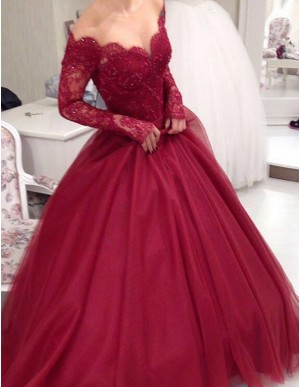 A-Line Off the Shoulder Long Sleeves Burgundy Prom Dress with Beading