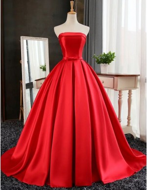 Ball Gown Strapless Floor Length Red Prom Dress with Pleats