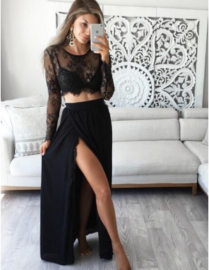 Two Piece Round Long Sleeves Sexy Black Prom Dress with Lace Top