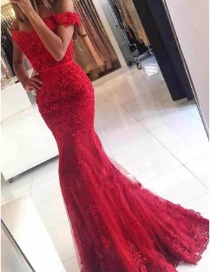 Mermaid Off the Shoulder Short Sleeveless Lace Red Prom Dress with Beading