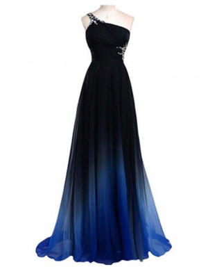 A-Line One Shoulder Open Back Beaded Elegant Gradual Blue Prom Dress 