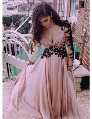 A-Line V-Neck Long Sleeves Backless Blush Prom Dress with Pleats Appliques