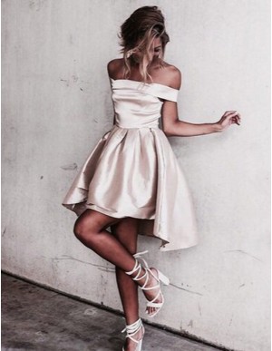  High Low Off-the-Shoulder Champagne Homecoming Dress with Pleats