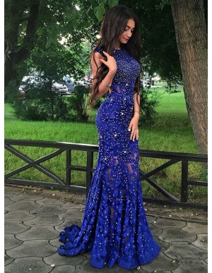 Mermaid Jewel Open Back Beaded Gorgeous Royal Blue Lace Prom Dress