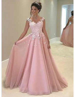 A-Line V-Neck Sleeveless Sweep Train Pink Prom Dress with Appliques