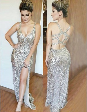 Sheath Deep V-Neck Open Back Silver Sequined Prom Dress with Split