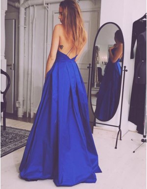 A-Line Simple V-neck Sleeveless Backless Royal Blue Prom Dress 