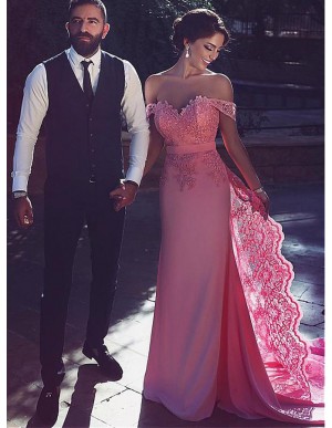 Sheath Off the Shoulder Detachable Train Pink Prom Dress with Lace