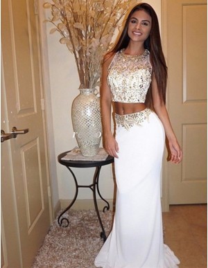 Pretty Two Piece Jewel Long White Mermaid Prom Dress with Beading