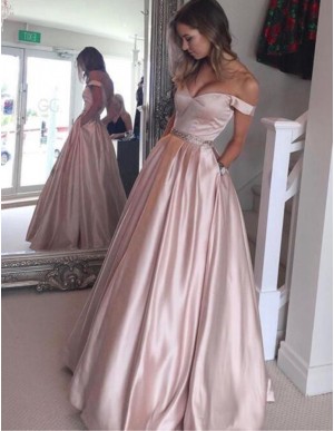 A-Line Off-the-Shoulder Pearl Pink Prom Dress with Beading Pockets