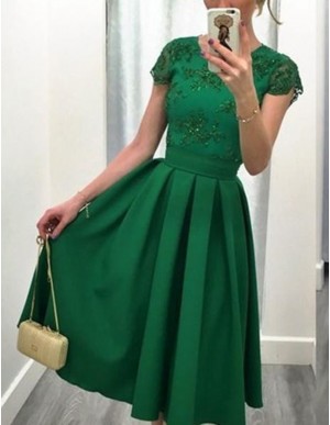 A-Line Cap Sleeves Short Beaded Green Prom Dress with Lace
