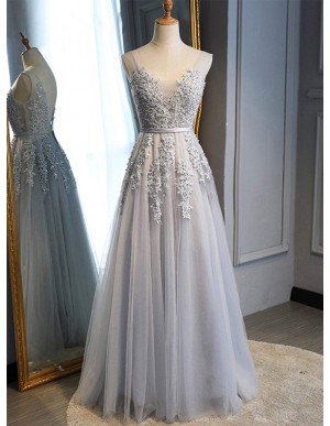 A-Line V-Neck Backless Light Grey Long Prom Dress with Appliques