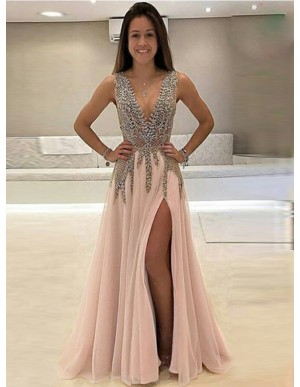 A-Line Deep V-Neck Pink Slit Legs Beaded Gorgeous Prom Dress