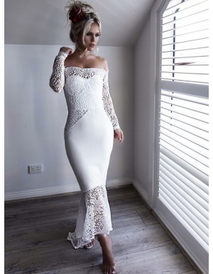 Mermaid Off-the-Shoulder Long Sleeves White Lace Long Prom Dress