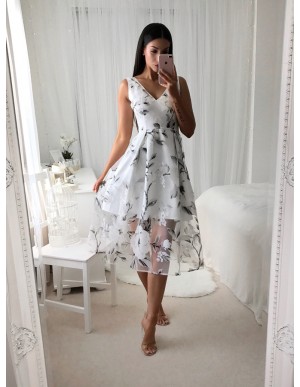 A-Line V-Neck Mid-Calf White Printed Organza Prom Dress with Pleats