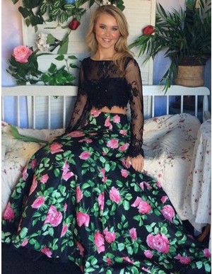 Two Piece Mermaid Bataeu Long Sleeves Floral Prom Dress with Lace