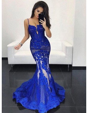Mermaid Spaghetti Straps Sweep Train Royal Blue Lace Prom Dress