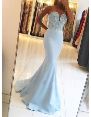 Mermaid Sweetheart Evening Dress Backless Long Light Blue Prom Dress with Beading