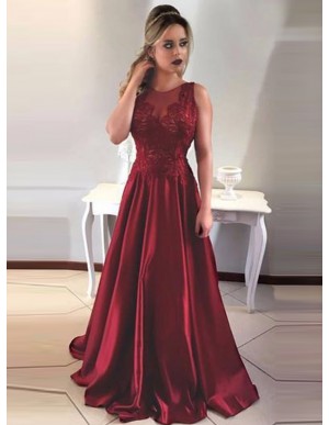 A-Line Jewel Floor-Length Burgundy Satin Prom Dress With Lace