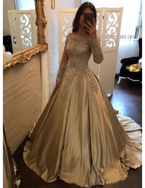 Ball Gown Bateau Long Sleeves Champagne Satin Prom Dress with Appliques Beading