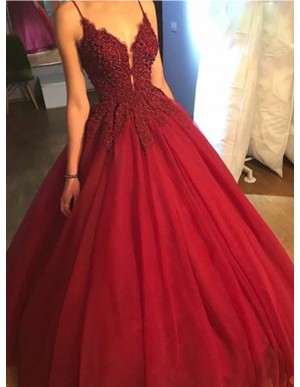 Ball Gown Spaghetti Straps Long Burgundy Prom Dress with Appliques Beading