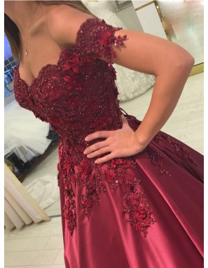 Ball Gown Off-the-Shoulder Burgundy Prom Dress with Appliques Beading 