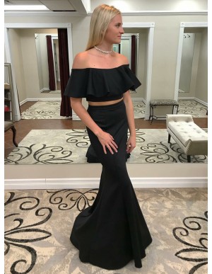 Two Piece Mermaid Off-the-Shoulder Black Prom Dress with Ruffles