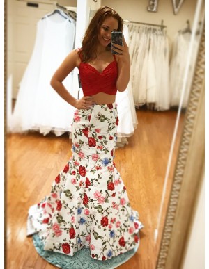 Two Piece Mermaid Spaghetti Straps Floral Red Prom Dress with Appliques