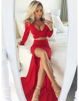 Two Piece V-Neck Long Sleeves Dark Red Prom Dress with Split