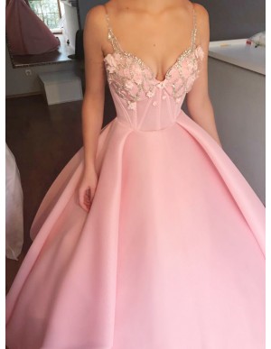 Ball Gown Spaghetti Straps Pink Satin Prom Dress with  Appliques Beading