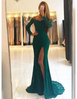 Mermaid Off-the-Shoulder Long Sleeves Split Dark Green Lace Prom Dress
