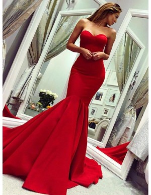 Mermaid Sweetheart Sleeveless Sweep Train Sexy Red Prom Dress