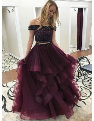 Two Piece Off-the-Shoulder Tiered Beaded Burgundy Tulle Prom Dress